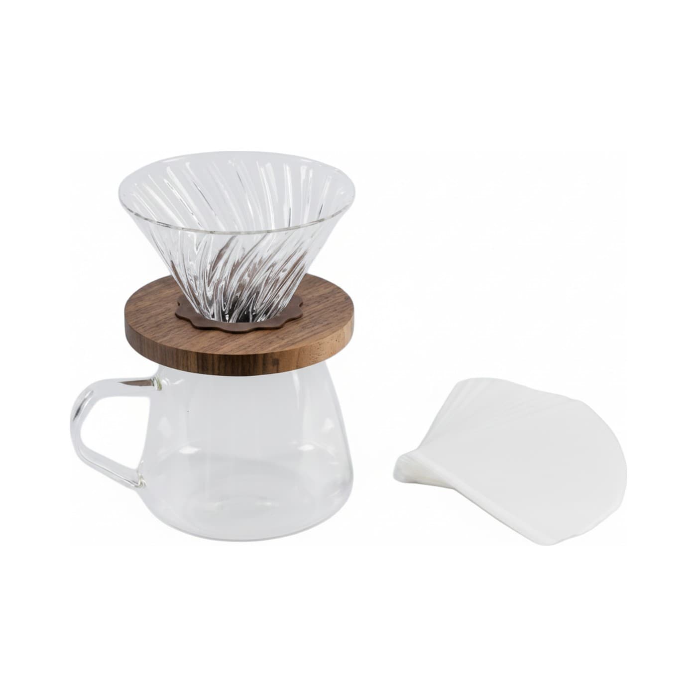 Kit V60 Volveme: dripper de vidrio, server y filtros, packshot sobre fondo blanco